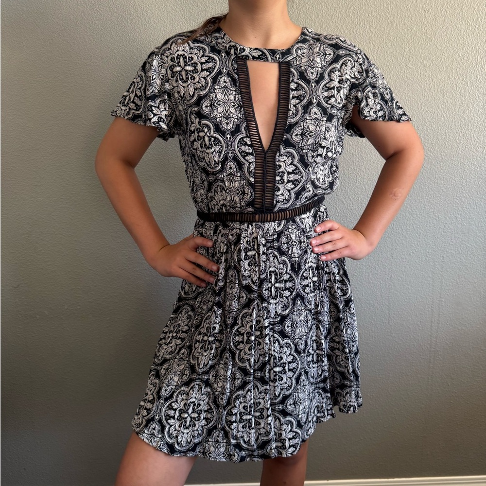 Volcom Black and White A-line Mini Dress with Plunge Neckline